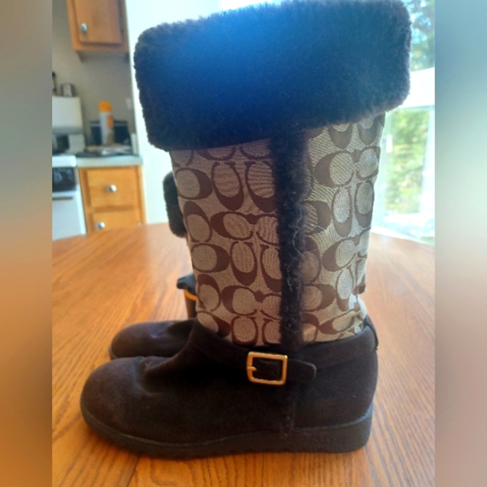 Coach Brown and Black Monogram Boots with Plush Cuff